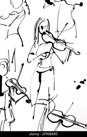 Skizze eines Geiger-Mädchens, das Geige spielt. Abbildung mit handbemalter schwarzer Tinte Stockfoto