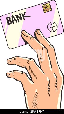 Kredit- und Debitkarte aus Plastik. Bezahlen Sie Waren oder Dienstleistungen online. Anwendung über einen Transfer erwerben. Die menschliche Hand hält eine Bankkarte. Pop-Art Stock Vektor