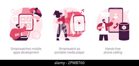Wearable Devices Abstract Concept Vector Illustration Set. Smartwatches Entwicklung von mobilen Apps, Smartwatch als tragbarer Mediaplayer, Freisprechfunktion, Sprachbefehlungen abstrakte Metapher. Stock Vektor