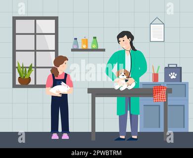 Empfang in der Tierklinik. Der Arzt untersucht den Welpen. Ein Mädchen mit einem Kaninchen im Arm. Vektordarstellung. Stock Vektor