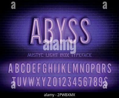 Abfahrtszeichen mit violettem Neonkästchen, schmales Alphabet auf dunklem Backsteinhintergrund. Vektordarstellung Stock Vektor