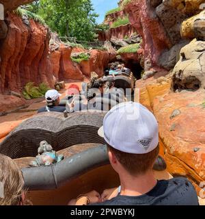 Orlando, FL USA - 5. Juli 2021: Die Wasserfahrt Splash Mountain im Walt Disney World Magic Kingdom in Orlando, Florida. Stockfoto