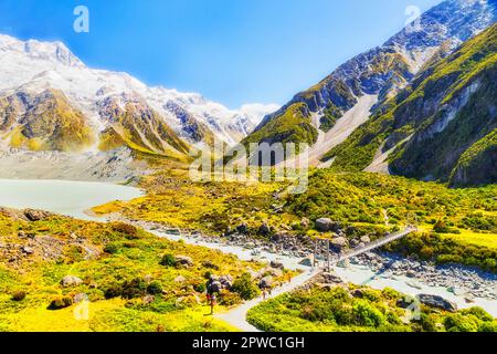 Tasman River Hooker Vally Wanderweg zum Mt. Cook im Nationalpark Neuseeland. Stockfoto