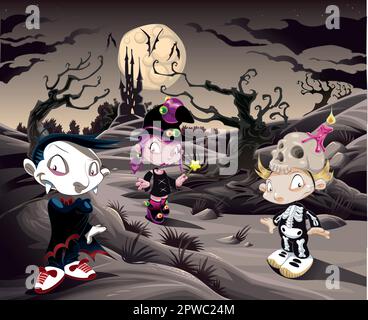 Horrorlandschaft mit Figuren. Cartoon- und Vektordarstellung. Stock Vektor