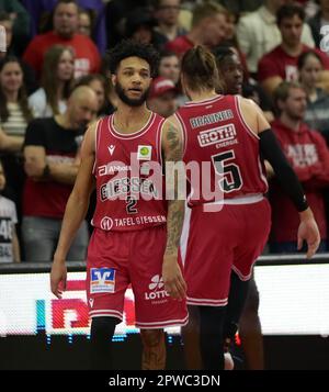 Giessen, Deutschland. 29. April 2023. Giessen, Deutschland, April 29. 2023: Jordan Livingston Barnes ( 2 Giessen ) während des BARMER 2. Basketball-Bundesliga ProA-Spiel zwischen JobStairs Giessen 46ers und Rasta Vechta an der Sporthalle Giessen-Ost in Giessen. (Julia Kneissl/SPP) Kredit: SPP Sport Press Photo. Alamy Live News Stockfoto