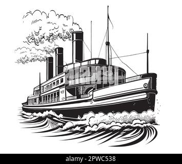 Schiffsdampfschiff Retro handgezeichnete Zeichnung Transport Stock Vektor