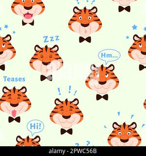 Farbenfrohes nahtloses Tigermuster. Niedlicher gestreifter Kopf mit Tiercharakter für die Dekoration von Kindern. Wunderschönes Geschenkpapier Textilstoff-Backgr Stock Vektor