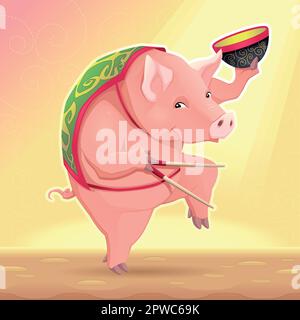 Lustiges Schwein mit Suppenschüssel und chinesischen Stöcken. Vektor-Cartoon-Illustration Stock Vektor