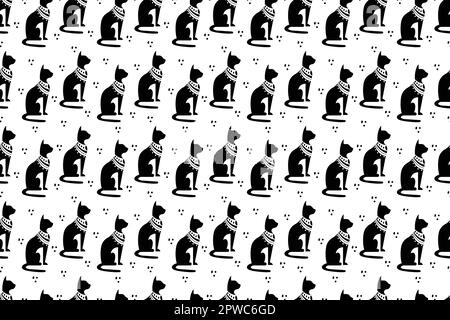 Schwarze Silhouette der alten ägyptischen Katzenrasse heilig. Bastet, alte ägyptische Göttin, Skulpturenprofil mit fharaonischem Goldschmuck und Edelsteinen. Vektordarstellung Stock Vektor