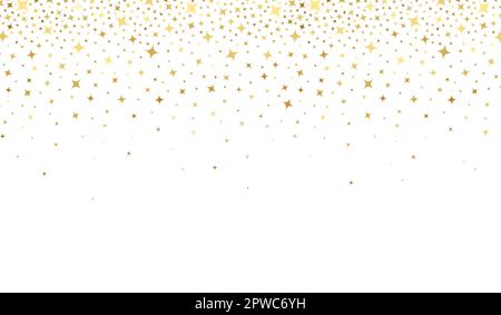 Goldener Stern. Goldene Sternschnuppen. Fallender Stern. Funkelnder Sternenstaub. Goldene Sterne auf weißem Hintergrund. Abstrakte Streuung von strahlenden Funken. Zufälliger Glitzer Stock Vektor