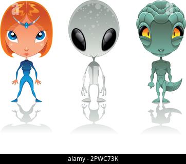 Typen von Aliens, lustige Zeichentrickfilme und Vektorfiguren Stock Vektor