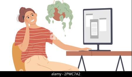 Frau sitzt vor einem Monitor und telefoniert Stock Vektor