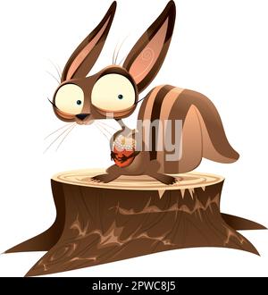 Eichhörnchen auf dem Kofferraum, lustiger Cartoon und Vektorfigur. Stock Vektor