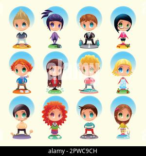 Eine Gruppe lustiger Menschen mit charakteristischen Objekten. Cartoon- und Vektorfiguren mit Hintergrund, isolierten Objekten. Stock Vektor