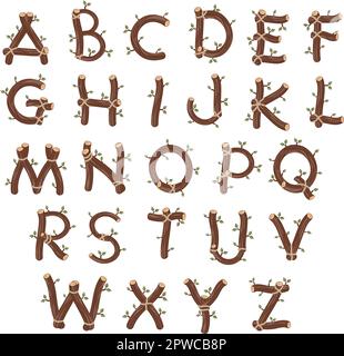 Alphabet mit Zweigen und Blättern. Lustige Karikatur und Vektor isoliert Briefe. Stock Vektor