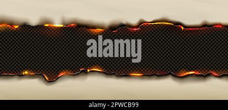 Verbrannte Papierkanten wirken mit Feuer und schwarzer Asche. Ränder mit Struktur brennender verbrannter Altpapierseiten mit isolierter Flamme auf transparentem Hintergrund Stock Vektor