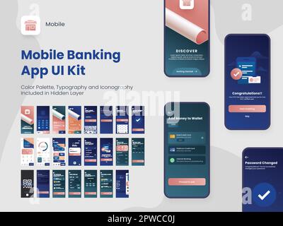 Benutzeroberfläche, UX und GUI der Mobile Banking-App, einschließlich als Konto erstellen, Anmeldung, Karte, Transaktionsservice. Stock Vektor