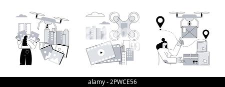 Drohne Service abstraktes Konzept Vektor Illustration Set. Luftaufnahmen und Videoaufnahmen, autonome Lieferung, Videoproduktion, kommerzielle Dreharbeiten, automatisierter Kurierdienst, abstrakte Metapher. Stock Vektor