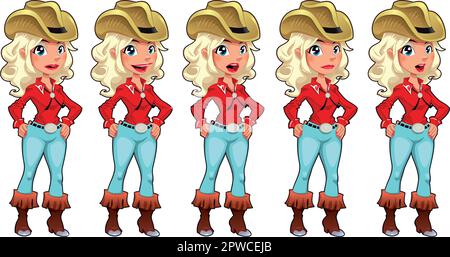 Cowgirl spricht. Lustige Zeichentrickfilme und vektorisolierte Figuren. Stock Vektor