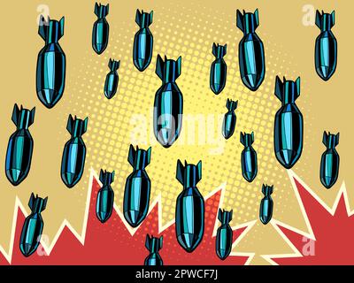 Bombenanschlag, Aggressionskrieg. Militärische Ausrüstung. Viele Bomben fallen vom Himmel. Pop Art Retro Stock Vektor