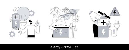 Akkumulator Batterie verwenden abstraktes Konzept Vektor Illustration Set. Innovative Batterietechnologie, Energiespeicherung, sicheres Energiegerät, elektrischer Strom, umweltfreundliche, abstrakte Metapher für schnelles Laden. Stock Vektor