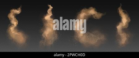 Realistischer Satz gelber Pulverwolken, isoliert auf transparentem Hintergrund. Vektordarstellung von Sandwirbeln, abstrakter Kurve, spiralförmiger Rauchspurfunke Stock Vektor