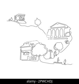Durchgehende Vektorzeichnung mit einer Linie im Stadtbild. Theater, Haus, Bäume und von Hand gezeichnete Straßensilhouette. Landschaftsbild. Stock Vektor