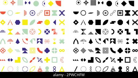 Gruppe von Grafikelementen. Von Bauhaus und Brutalismus inspiriert. Abstrakte lineare Vektorelemente und fett formatierte geometrische Formen. Ideal für Poster, Flyer, Cover, Webdesign. Retro-Futurismus-Formen Stock Vektor