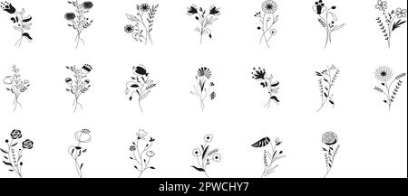 Set mit Blumenästen und minimalistischen Blumen für Logo oder Dekoration. Von Hand gezogenes Hochzeitskraut, elegante Blätter für die Einladung, heben Sie die Datumskarte auf. Botanisch rustikales, trendiges Grün. Vektordarstellung Stock Vektor