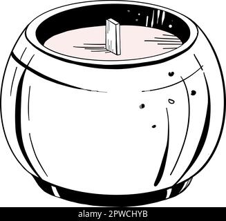 Vektordarstellung einer runden Kerze mit Kerze auf weißem Hintergrund. Schwarzer Umriss von Aromakerze, grafische Zeichnung. Für Postkarten, Design und Stock Vektor