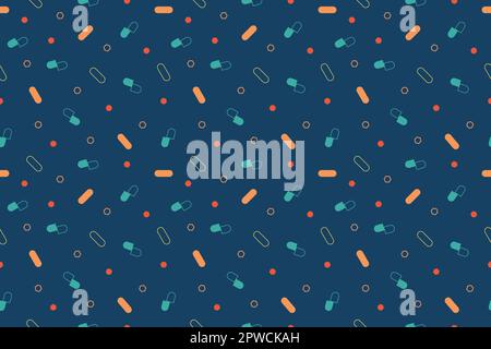 Nahtloses festliches Karnevalsmuster im Retro-Look mit bunten Formen auf dunkelblauem Hintergrund. Verschiedene Größen und Formen für Neujahr oder Geburtstagsparty. Vektor-Cartoon-Design mit Hintergrund für T-Shirt-Druck. Stock Vektor