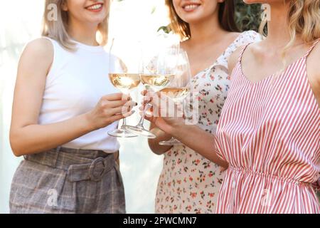 Von oben anonymen Freundinnen klirren Gläser Wein, während sie auf Decken neben Tellern mit Früchten während des Picknicks sitzen Stockfoto