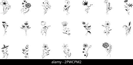 Eine Reihe von essbaren Pflanzen, Blattblumen und Beeren im Skizzenstil. Sammlung isolierter schwarzer Konturen, Gänseblümchen, Sonnenblumen, Kirschblüten, Pfingstrosen, Klee. Vektordarstellung Stock Vektor