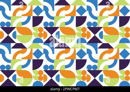 Farbenfroher abstrakter, flacher geometrischer Hintergrund. Bauhaus Retro-Stil mit nahtlosem Muster in Grün, Blau und Orange. Dekorative, moderne Designelemente. Vektordarstellung Stock Vektor