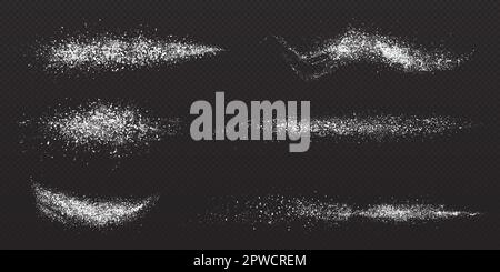 Zucker und Salzpulver, Schneestaub, weiße Mehlspritzer. Textur von Sand-, Salzkristall- oder Zuckergranulat, isoliert auf transparentem Hintergrund, vektorrealistische Darstellung Stock Vektor