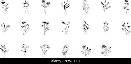 Botanische Vektordarstellungen. Botanischer Klipart. Set von Strichgrafiken-Verzweigungen. Design-Elemente mit Blumenkräutern. Perfekt für Hochzeitseinladungen, Grußkarten, Blogs, Poster und mehr. Vektordarstellung Stock Vektor