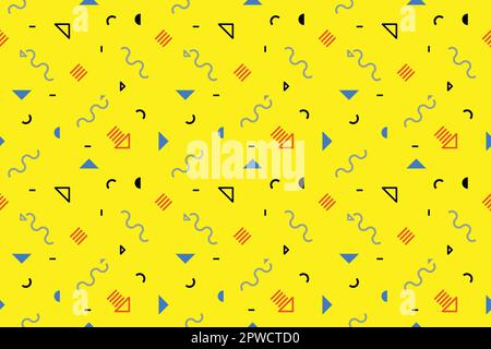 Hintergrund von Memphis. Retro-Hintergrund mit verschiedenen Farbfiguren für Poster oder Karten. Abstrakter hintergrund aus memphis mit bunten geometrischen Figuren für dein Design. Vektortextur. Vektordarstellung Stock Vektor