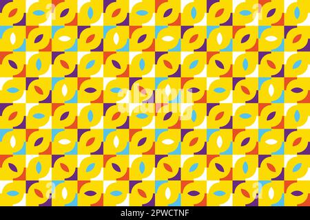 Nahtloses abstraktes Muster im memphis Retro-Stil. Farbenfrohe geometrische Formen im Hintergrund. Gelbes Geschenkpapier. Bauhaus minimalistische Grunge-Textur. Abstrakter, farbenfroher, flippiger Hintergrund. Stock Vektor