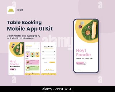 Table Booking Mobile App UI Kit, einschließlich als Anmeldung, Anmeldung, Menü und Details zu reservierten Tischen für Responsive Website. Stock Vektor