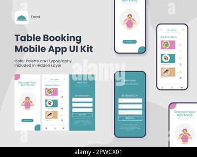 Tischbuchung Mobile App UI-Kit einschließlich Anmeldung, Speisemenü, Reservierungsbildschirm für Restaurant oder Hotel. Stock Vektor