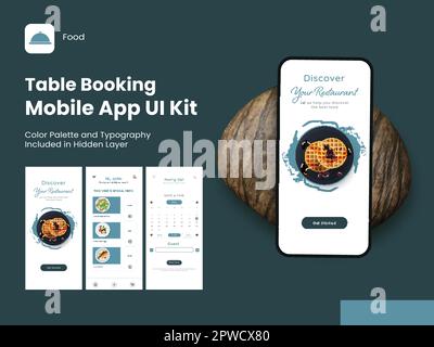 Table Booking Mobile App UI Kit, einschließlich als Anmeldung, Anmeldung, Menü und Details zu reservierten Tischen für Responsive Website. Stock Vektor