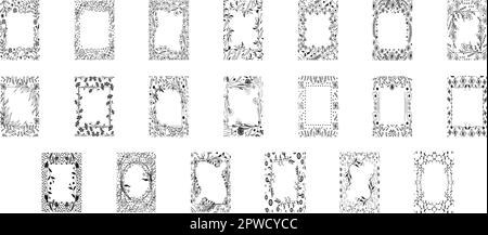 Botanische Rahmen. Handgezeichnete runde Umrandung, Blätter und Blumen, Hochzeitseinladungen und -Karten, Logo-Design und Plakat-Vorlage. Elegantes minimalistisches Blumenvektorset. Vektordarstellung Stock Vektor