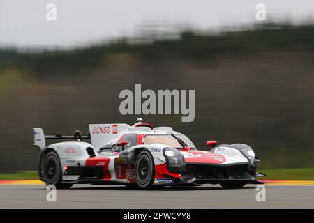 Stavelot, Belgien. 29. April 2023. Toyota Gazoo Racing's Toyota GR010 Hybrid Rennwagen Nr. 7 der Hypercar Kategorie wird während des 6-stündigen Rennens Spa-Francorchamps gesehen, der dritten Runde der FIA World Endurance Championship (WEC) 2023 auf dem Circuit de Spa-Francorchamps in Stavelot, Belgien, 29. April 2023. Kredit: Zheng Huansong/Xinhua/Alamy Live News Stockfoto