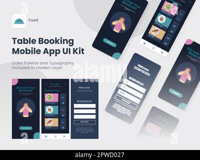 Tischbuchung Mobile App UI-Kit einschließlich Anmeldung, Speisemenü, Reservierungsbildschirm für Restaurant oder Hotel. Stock Vektor