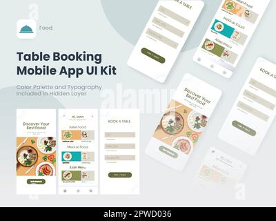 Tischbuchung Mobile App UI-Kit einschließlich Anmeldung, Speisemenü, Reservierungsbildschirm für Restaurant oder Hotel. Stock Vektor