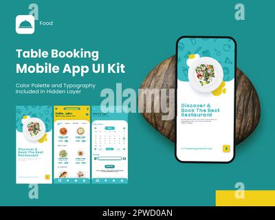 Table Booking Mobile App UI Kit, einschließlich als Anmeldung, Anmeldung, Menü und Details zu reservierten Tischen für Responsive Website. Stock Vektor