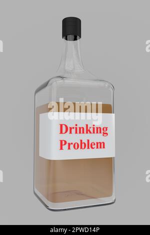 3D Abbildung des Titels des Alkoholproblems auf der Spirituosenflasche, isoliert über grauen Gradienten. Stockfoto