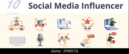 Social-Media-Influencer-Set. Kreative Symbole: Kommunikation, Video, Werbung, Ruhm, Blog, Tastatur, Mikrofon, Markenzusammenarbeit, Bewertung Stock Vektor