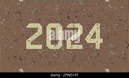 2024 Neujahrskarte. Retro-70s-Streifendesign. Alte, verblasste, gestreifte Schilder Stock Vektor