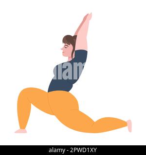 Eine dicke und kurvige Cartoon-Frau, die Yoga-Übungen macht, Vektordarstellung. Weibliche Figur, die verschiedene Yoga-Posen oder Stretching macht, Pilates, Fitness Stock Vektor